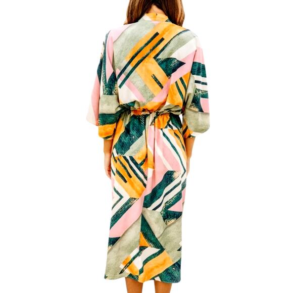 Entro Women's Medium Multicolor Vintage Resort Green Abstract V-Neck Midi Dress - Picture 4 of 7